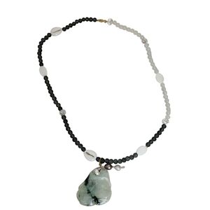 14 Gold Plated Jadeite Black White Beaded Frosted Glass Necklace